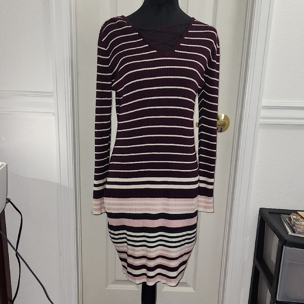 No Boundaries Long Sleeve Striped Dress - Burgundy and Pink